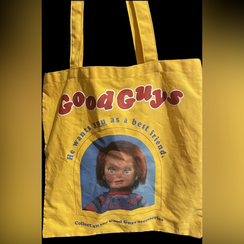 Yellow chucky doll tote bag